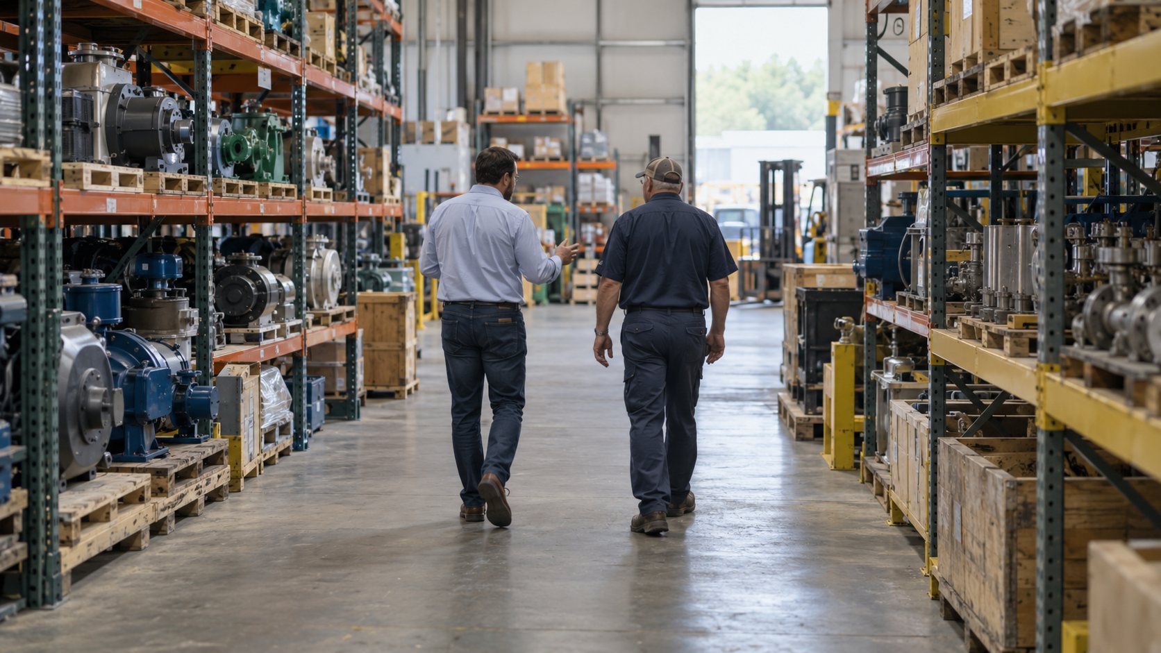 Leaders walking through a service company warehouse