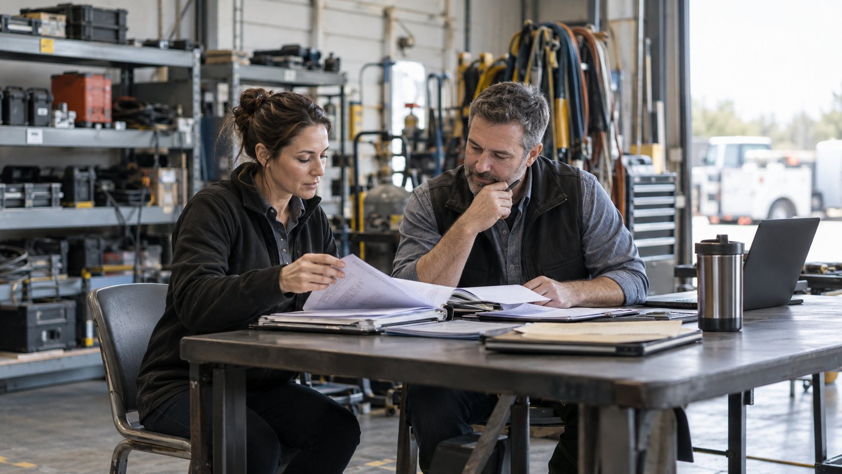 Buyers reviewing operating records inside a service company