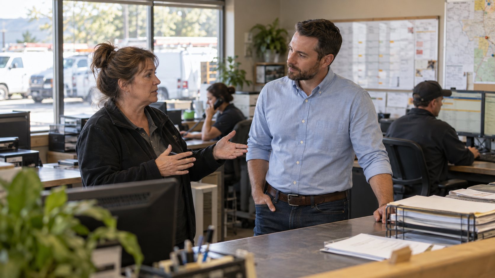 New owner listening to a team member at a service business
