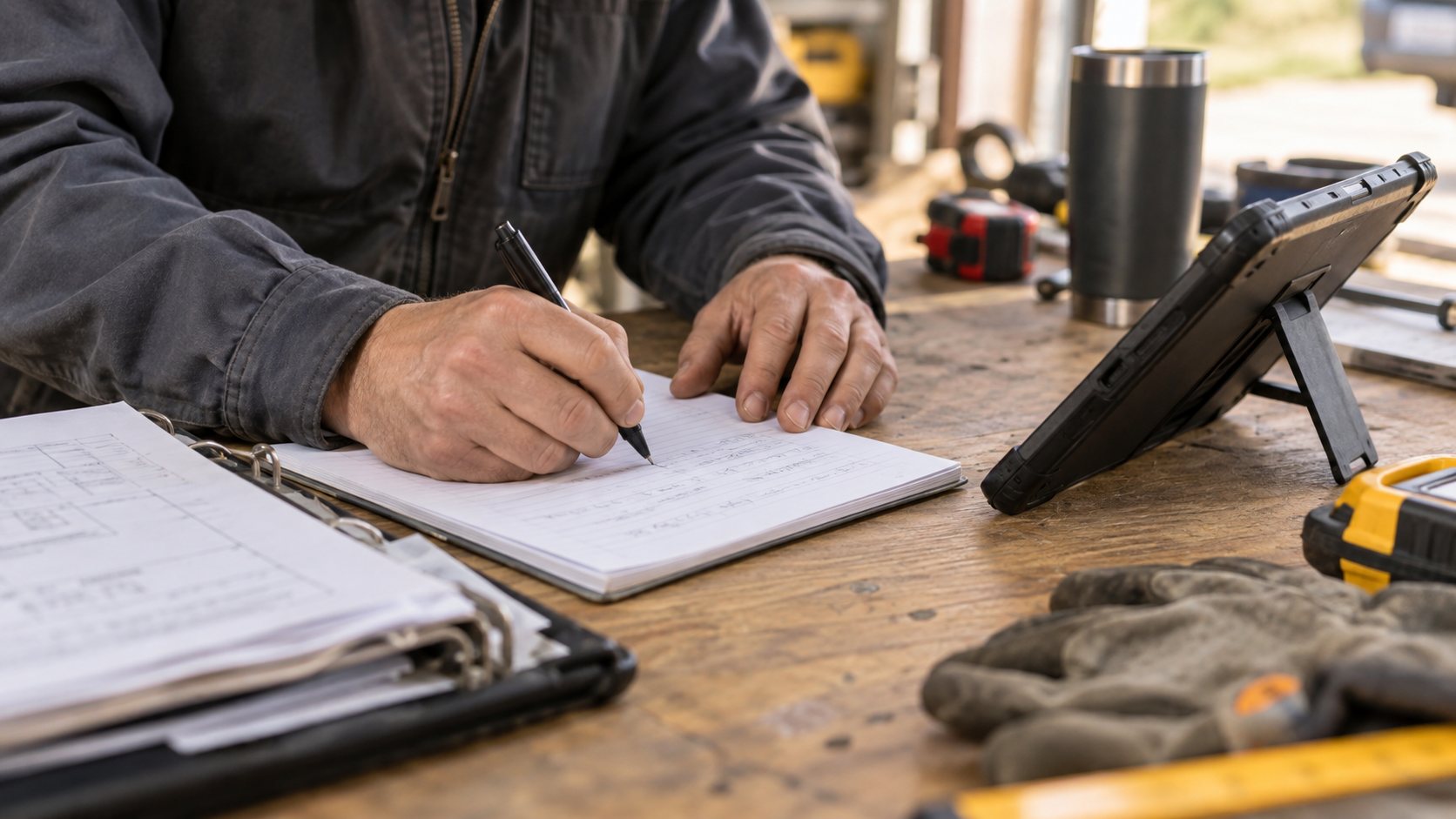 Employee recording a work handoff at a service workbench