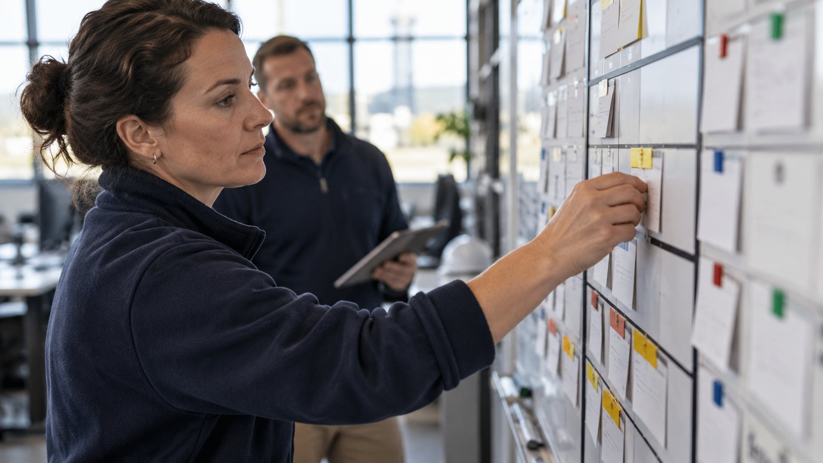 Manager updating a work scheduling board