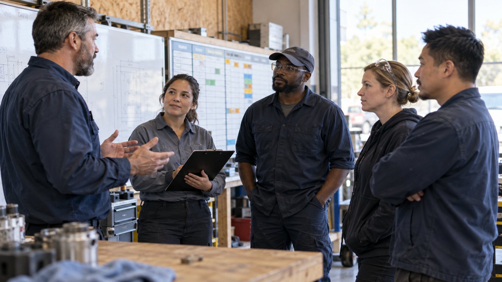 Service team holding a weekly operations meeting